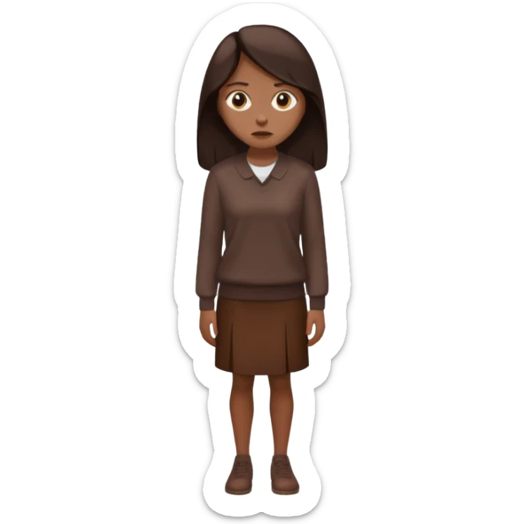 =Cartoon emoji of a woman with long, loose dark hair, wearing chocolate-colored clothes. Full-height, standing, nervous, unsure, worried expression. Slightly hunched, anxious posture. Smooth, simple, stylized sticker