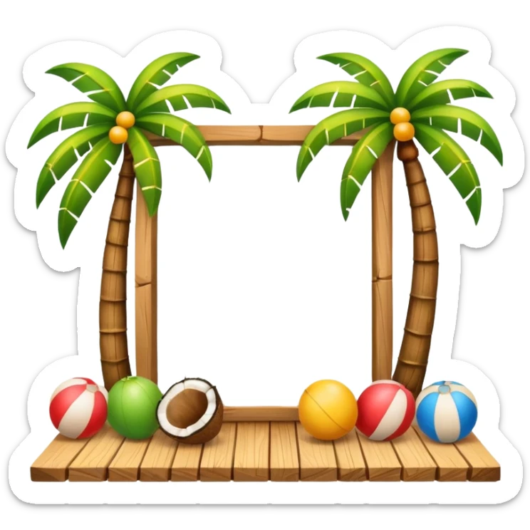 emoji style frame with summer theme, colorful balls, wooden planks, and coconut trees sticker