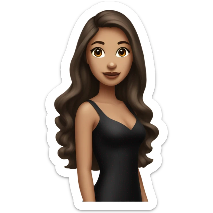 Fair skin Girl wearing long black bodycon dress with lashes and makeup on and long straight brown silky hair and wearing black heels sticker