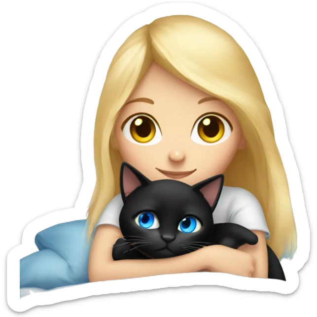 Blonde haired girl with blue eyes cuddled up in bed with a black cat that has yellow eyes sticker