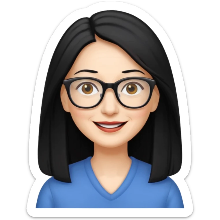 woman in her 50s, long straight black hair, wearing glasses, cheerful look sticker