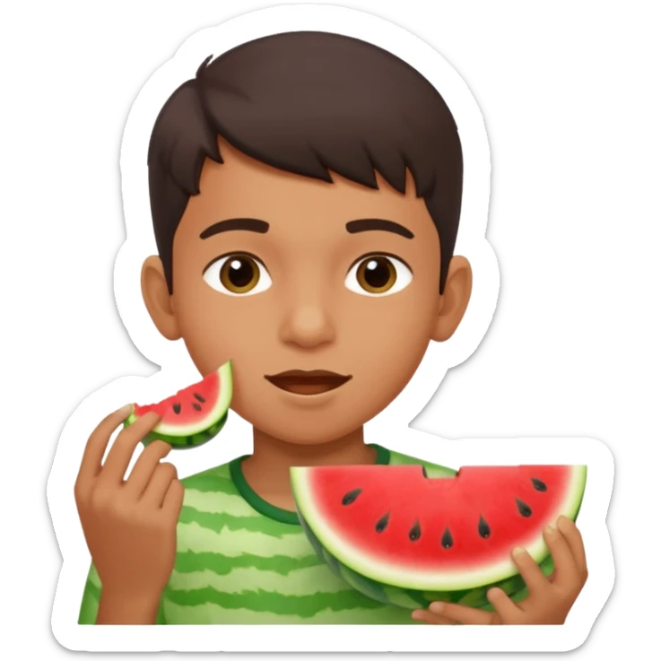 a watermelon with a indian 13 yearold boy who is a little fat eating it sticker