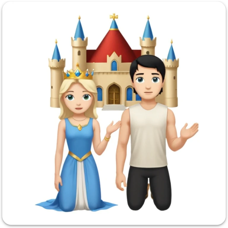 Man as king, standing, black Hair, blue eyes, woman, blonde, green eyes, shott white sleveless Dress, kneeling, background palace sticker