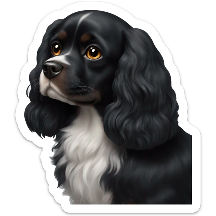 completely black small king spaniel with black fur on his whole face and white fur on chest sticker