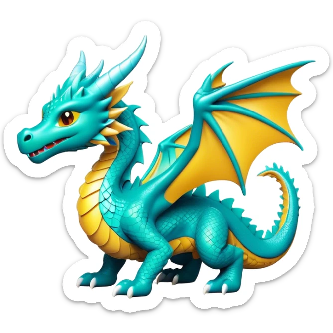 Clash of Clans aesthetic: Cinematic Playful Dragon Emoji, rendered in a 3D vector-style similar to standard emojis with minimal shading and bold, simplified shapes. A compact, isometric dragon with majestic wings and intricately scaled details, softly glowing with a legendary, mythical charm. Simplified yet unmistakably iconic, highly detailed and consistent, glowing with a soft radiant brilliance and high shine. Stylized with a touch of fantastical might and a soft glowing outline, capturing the essence of a mighty dragon with a friendly, playful demeanor! sticker