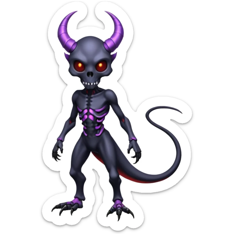 Shiny Horned Futuristic Badass Demonic Spectral Dusky Spooky Skull-faced Cool Hot Stylish Handsome Alien-Salandit-Darkrai-Genesect-Fakémon-fusion (full body) sticker