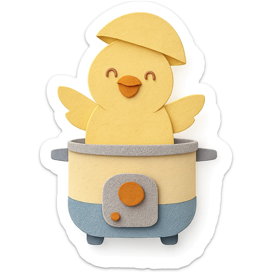 soft yellow egg cooker chick, popping out of the lid, smiling brightly, full-body sticker