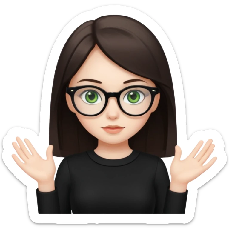 a cute white brunette girl with green eyes in a black dress wearing glasses  with two hands  sticker