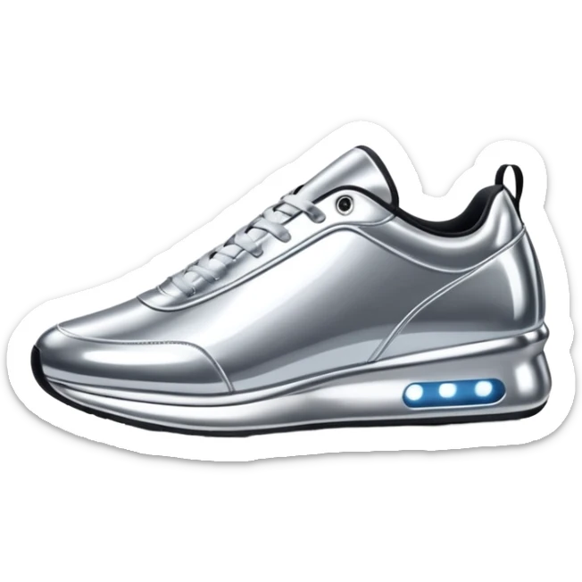 A pair of futuristic sneakers emoji made of silver chrome, sleek streetwear design, smooth metallic panels, subtle reflections, luxury swag aesthetic, iOS emoji style, centered, clean white background sticker