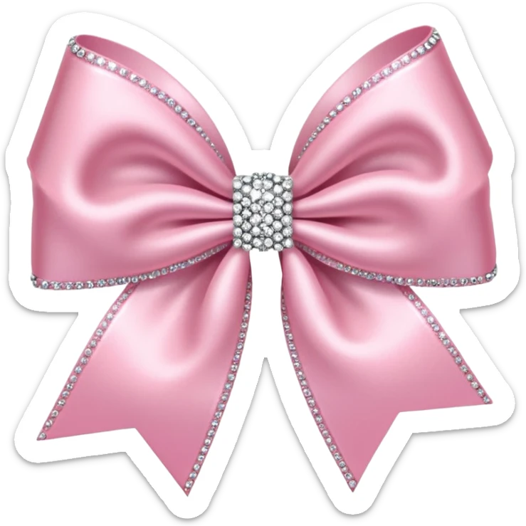 Cutesy pink bow emoji. Shiny baby pink satin ribbon. It's silver glitter sparkles on it. Shiny with rhinestones and shadowed to look three-dimensional sticker