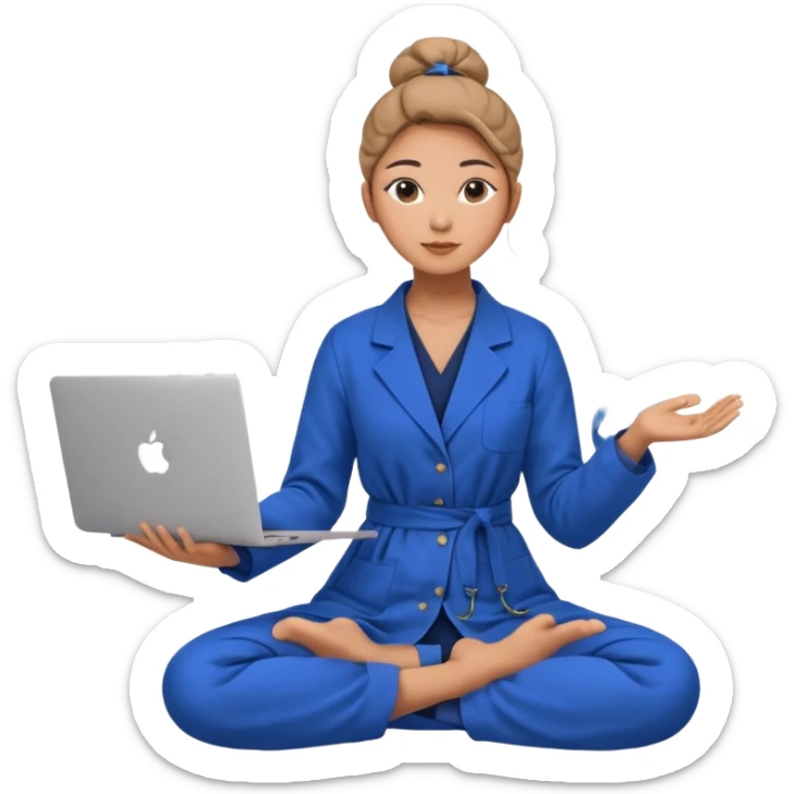 emoji of an asian woman with a single bun in a long blue labcoat sitting cross legged with dna levitating above one hand and an macbook above the other hand sticker