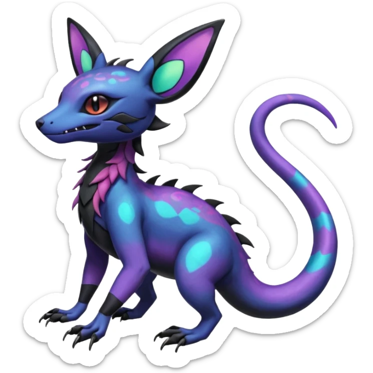 Rare epic aesthetic iridescent spooky gloomy colorful Salandit-Noibat-Eevee-Genet-species-Fakemon-hybrid-creature, with markings, full body sticker