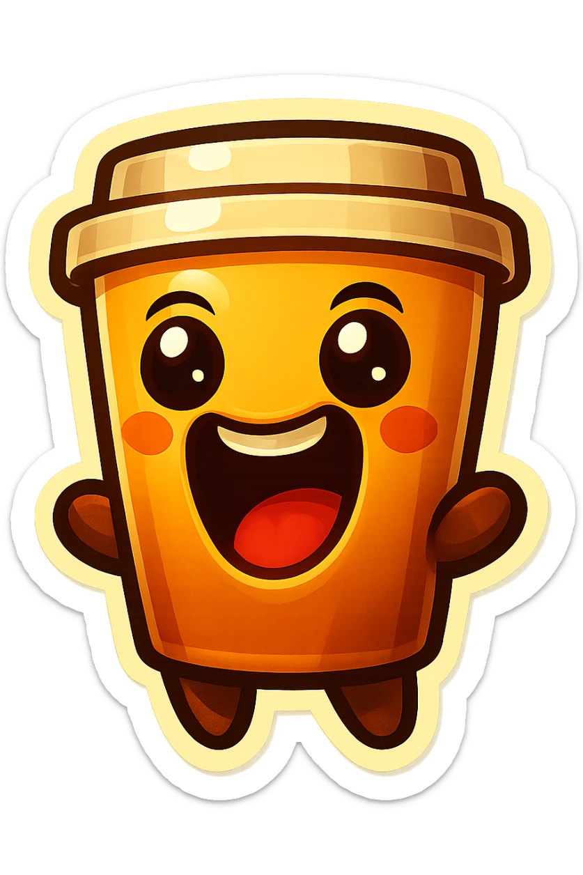 Tall coffee cup, wild, over the top, excited, big eyes, big mouth sticker