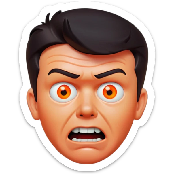 Rick Astley having a kind of worried face, but only his front teeth are sticking out his eyes are blurred out, the background is pitch black, Rick Astley is kind of an orangish-red color, and the entire picture, including Rick Astley, is a staticky, glitchy, horror, analog horror type sticker