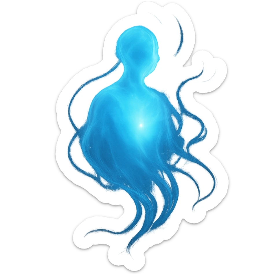soul represented as a glowing blue spirit, ethereal and floating, mystical and luminous sticker