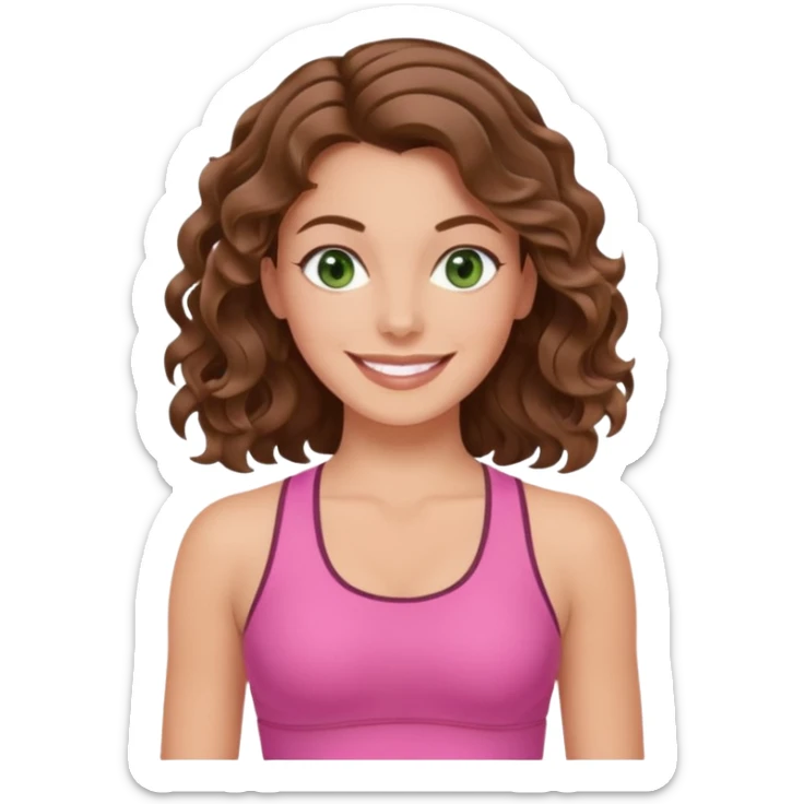 White, green-eyed, brunette cute feminine lady emoji with wavy hair doing pilates wearing pink pilates fit sticker