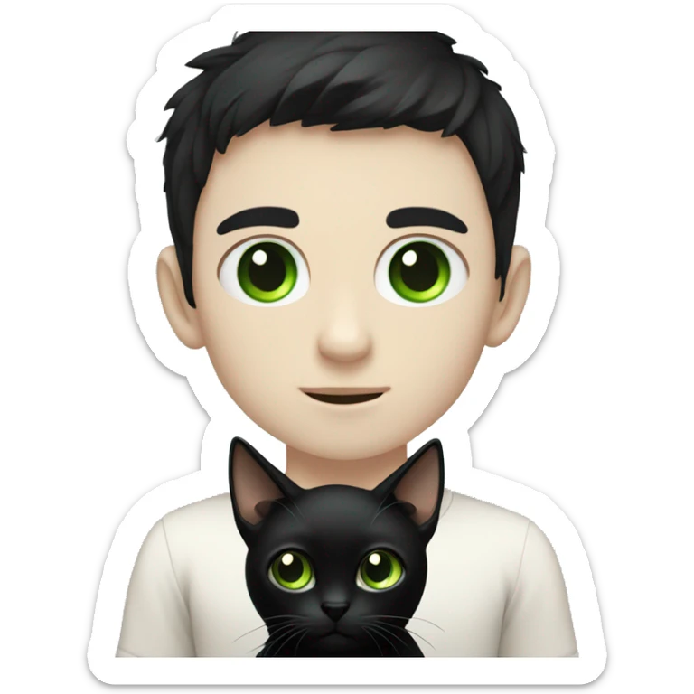 pale boy with black hair and black eyes holding a black cat with green eyes sticker