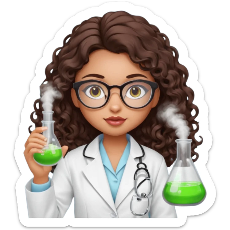realistic bratz doll with long curly dark brown hair, glasses that are round cat eye vibes, in a lab coat mixing beakers that glow sticker