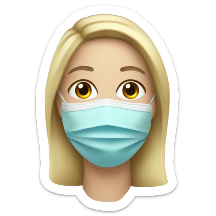 A blonde woman with straight hair wearing medical white gloves and a mask sticker