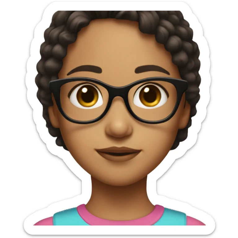 young girl with pink glasses and brown eyes and brown and black hair sticker