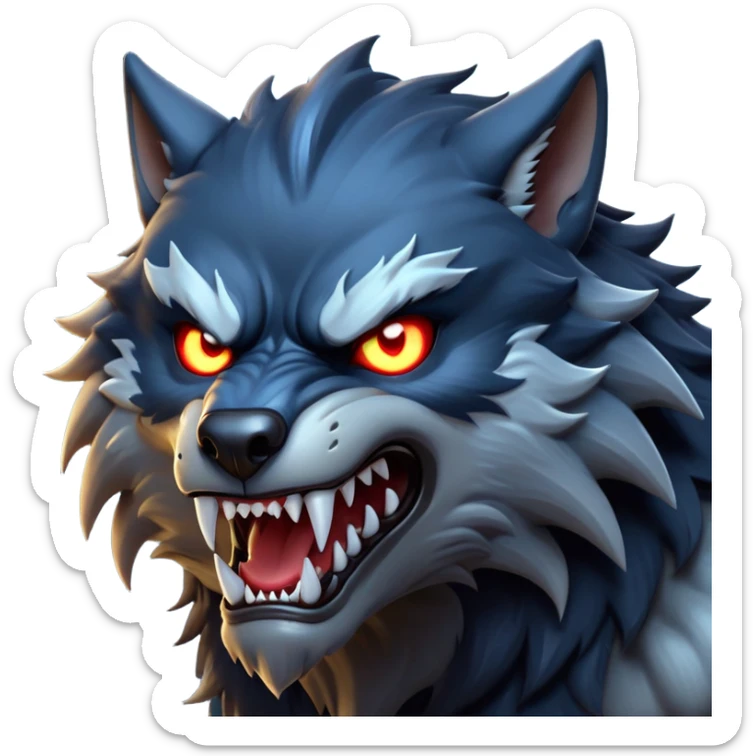 cinematic-noble-fierce-werewolf-head-close-up-emoji, poised-and-imposing, with a fierce wolfish face featuring glowing eyes full of primal ferocity, sharp, elongated fangs and a rugged snout, fur rippling in shades of midnight black and silver, muscles tensed and hunched over in an intense, threatening stance; rendered with realism, capturing the raw, untamed power of the beast beneath the moonlit sky sticker