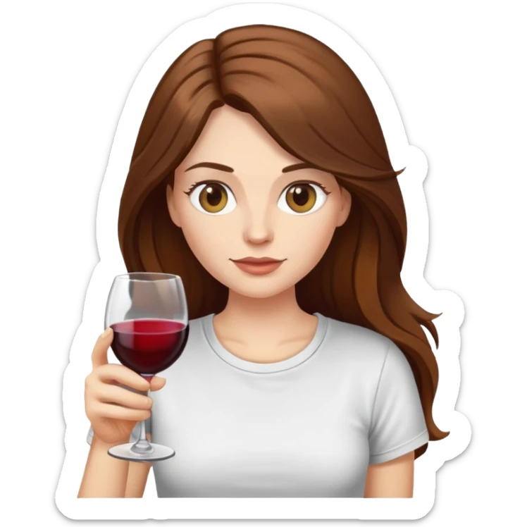 Long brown hair white female emoji drinking a glass of wine wearing a t shirt sticker