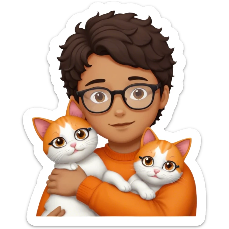 Boy with curl dark hair and glasses hugs white and orange cat sticker