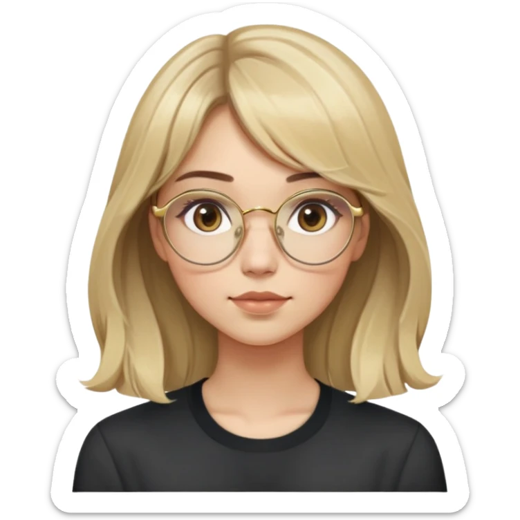 young adult woman with light skin, soft cheeks and round face, voluminous blonde-brown hair with slight waves and long bangs, large octagonal glasses with thin gold frame, dark casual shirt, calm and creative expression sticker