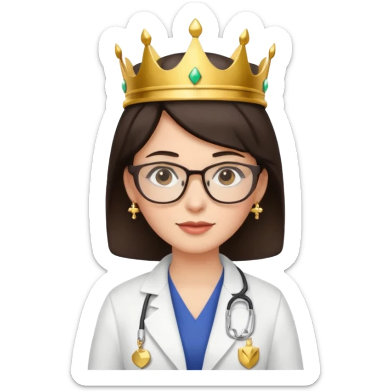 female doctor short dark brown hair with glasses and earings and a crown sticker