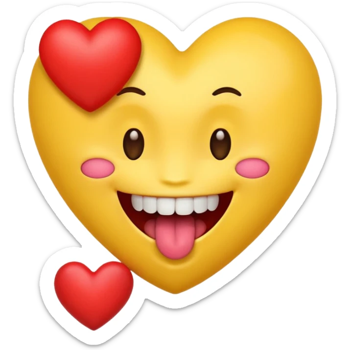 yellow emoji face holding a heart and hes so happy with so happy with teeth and tongue sticker