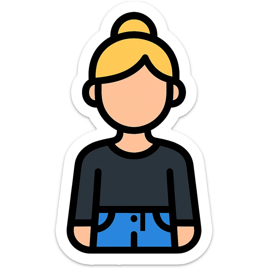 color outline icon of blond woman with bun, long sleeve black shirt, and jeans sticker