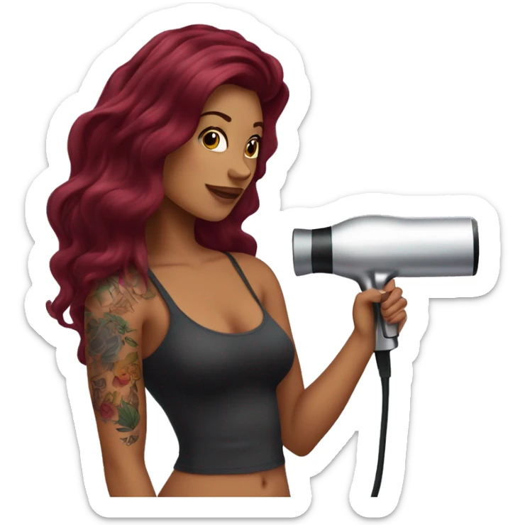 Beautiful tattooed  burgundy long haired woman blow drying her hair sticker