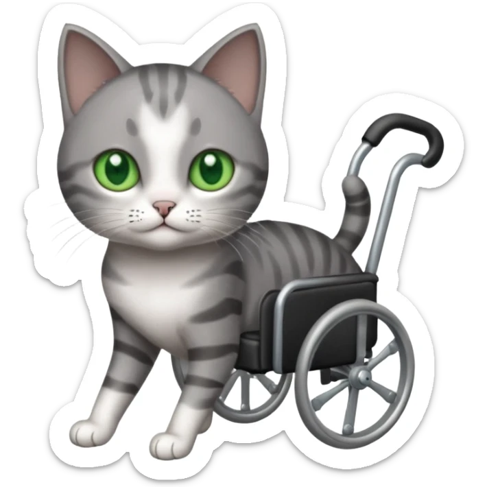 full body small short hair dark grey and white cat with green eyes walking in a wheelchair for cats sticker