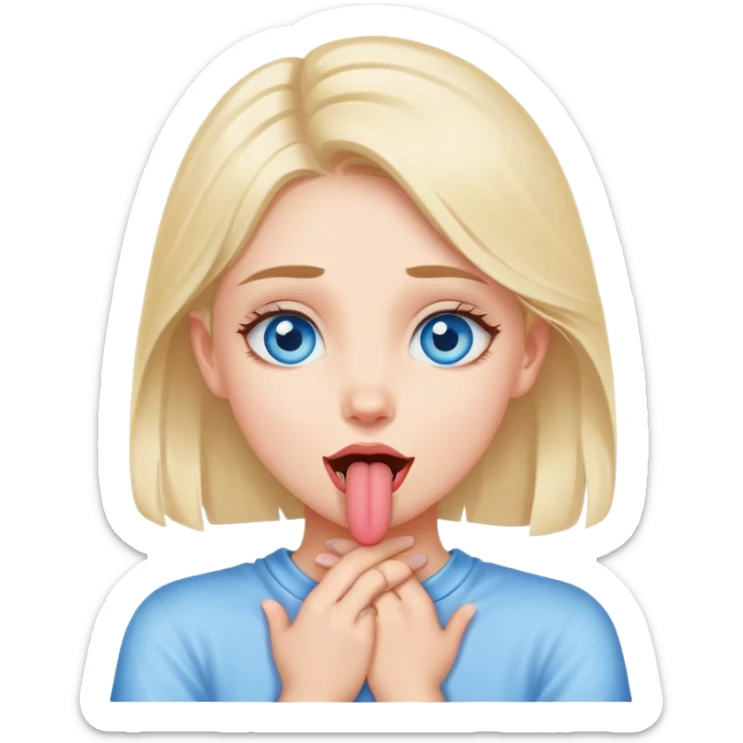 A blue eyed girl with hands crossed on her neck and tongue out sticker