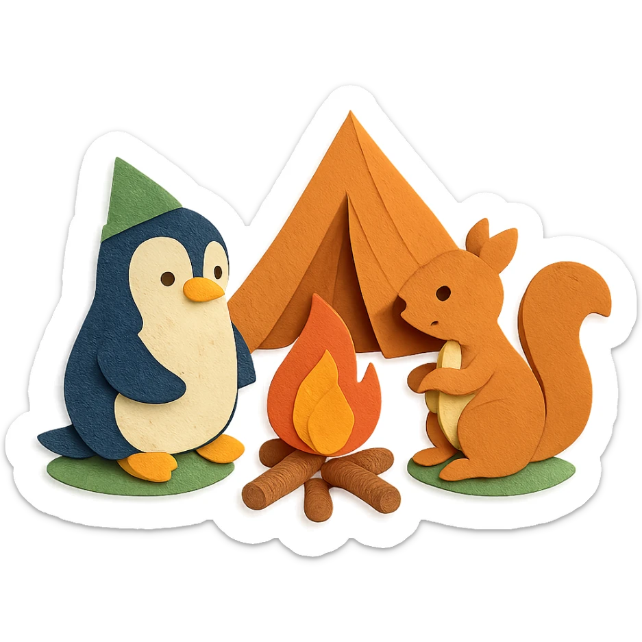 Pinguin und Eichhörnchen beim Campen, Papierbastel-Stil, Lagerfeuer sticker