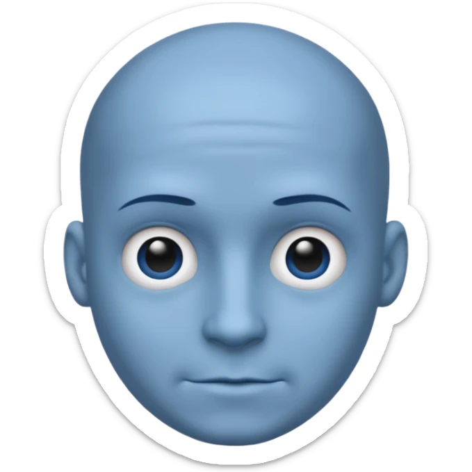Bald male emoji with blue skin, no smile, like neutral face, but with a big head / forehead sticker
