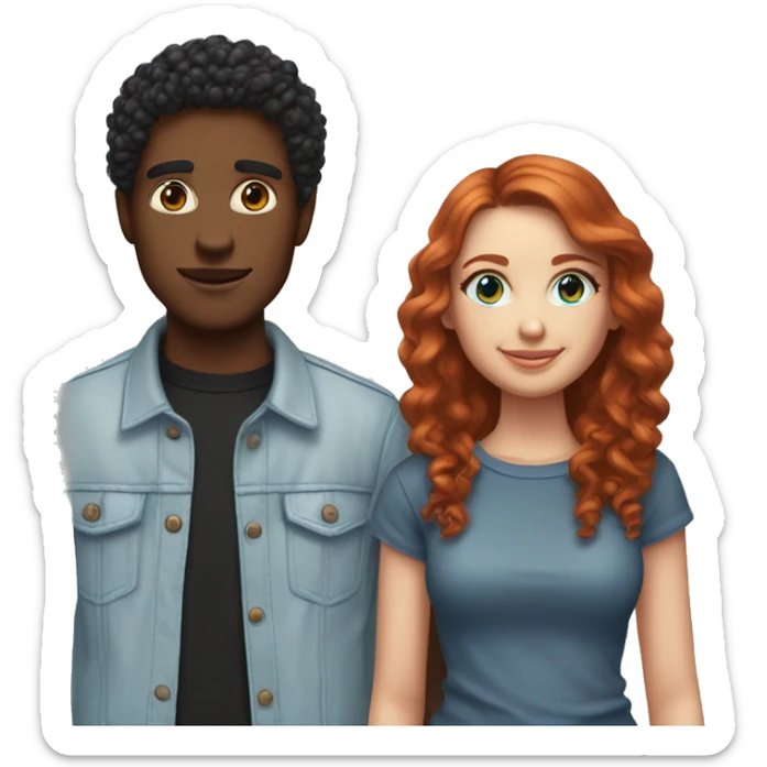 do couples with the girl having short/ medium length red hair and blue eyes, skin not super fair but light and the boy having same skin tone, black curly hair and brown eyes. If emojis of them standing do streetstyle clothing for both.  sticker