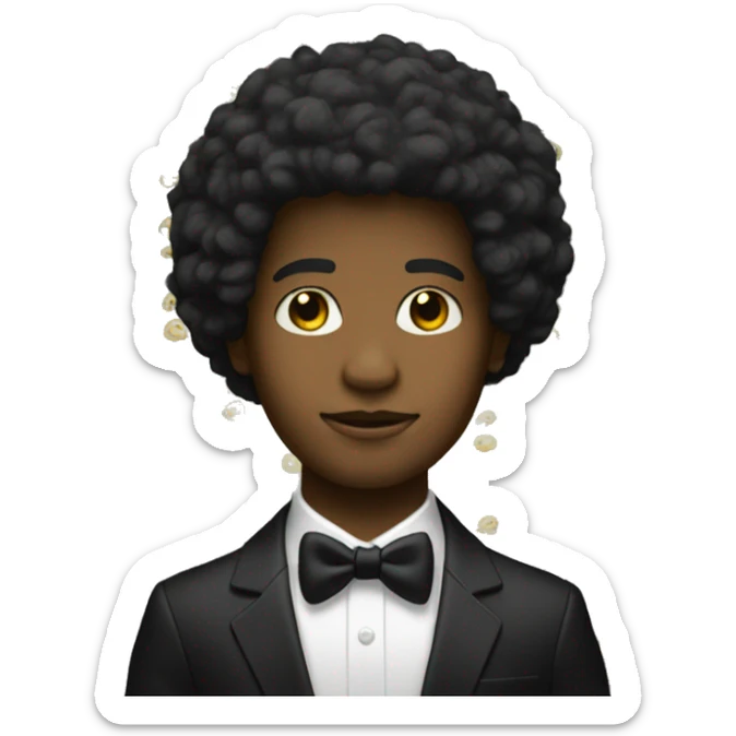 A profile of a black twink with an afro mullet in an intricate suit sticker