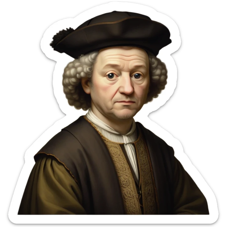cinematic-realistic-portrait-of-rembrandt,-shown-as-a-master-artist-with-deep,-introspective-eyes-and-richly-detailed-period-clothing,-rendered-with-dramatic-chiaroscuro-lighting-that-emphasizes-his-legacy sticker