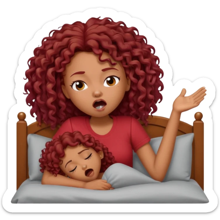 generate a pretty bratz brown skinned girl curly dark red hair, yawning in bed in a grey tshirt bored. sticker
