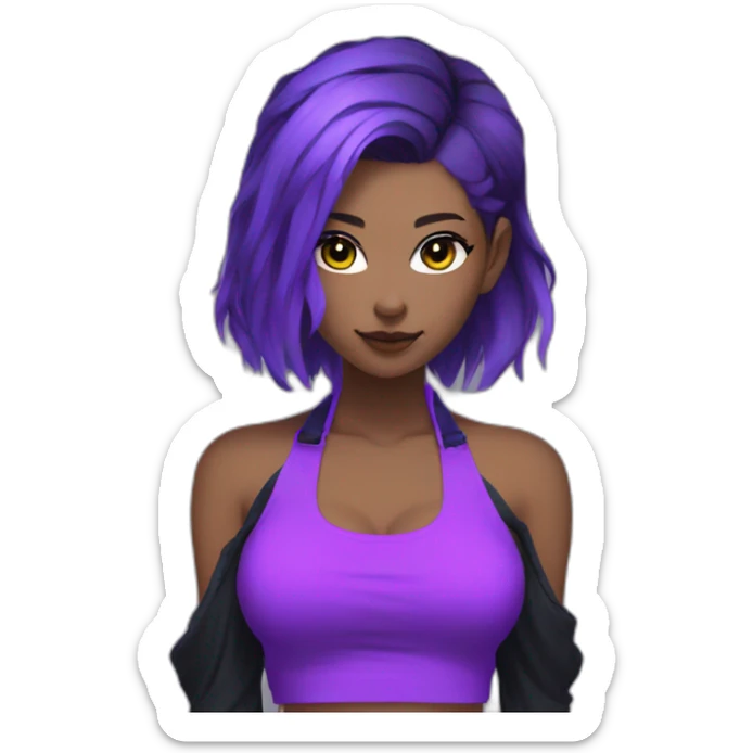 Generate a neon purple themed female anime character, wearing a black and blue cold-shoulder halter top with purple sleeves and purple hair. sticker