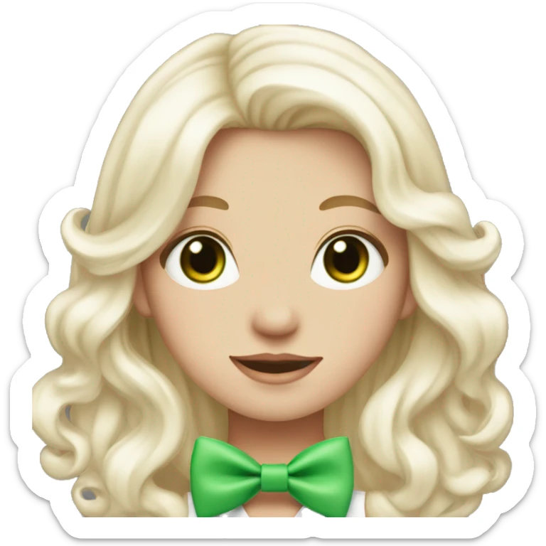 pale blonde girl with long platinum white wavy hair with bright green eyes and wearing a light pink hair bow sticker