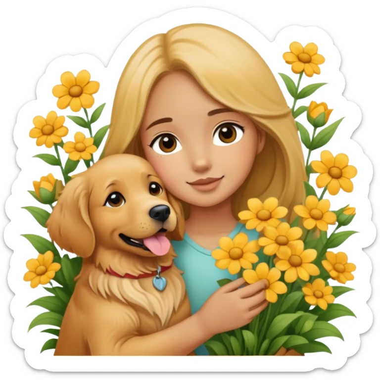 A girl is holding a golden retriever in the flowers sticker