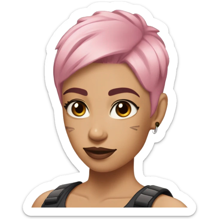 short pink hair  woman with vi roman numeral cheek tatoo buff muscular arms with a tank top on lesian woman sticker