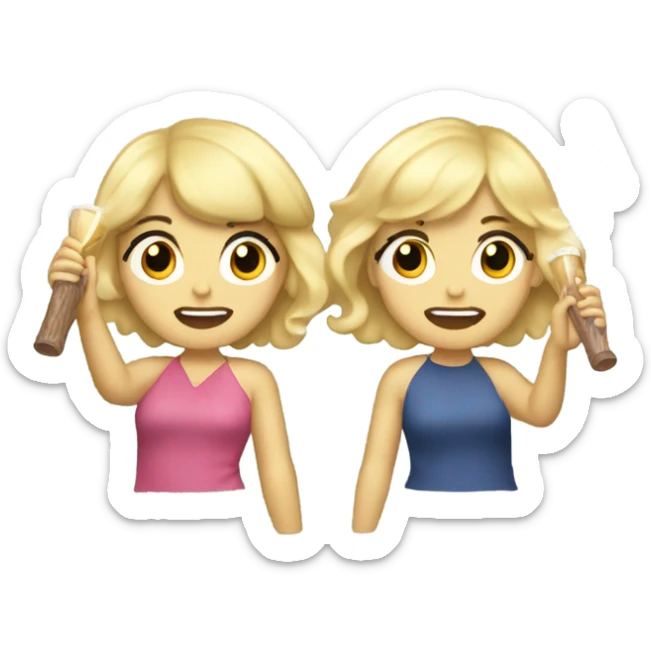 blonde girl with bangs getting whacked by a blonde girl with curly hair with a flute sticker