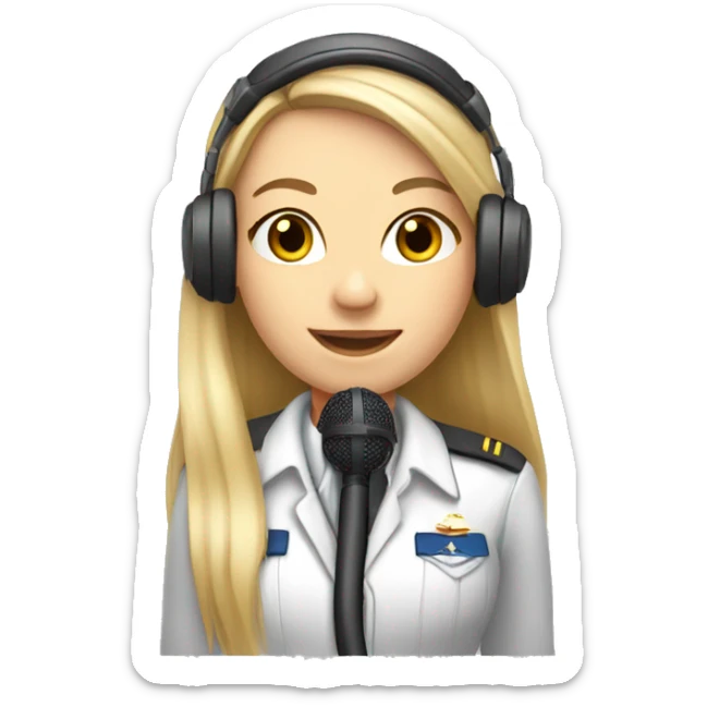 Blonde beautiful Pilot girl with long straight hair and headset with microphone sticker