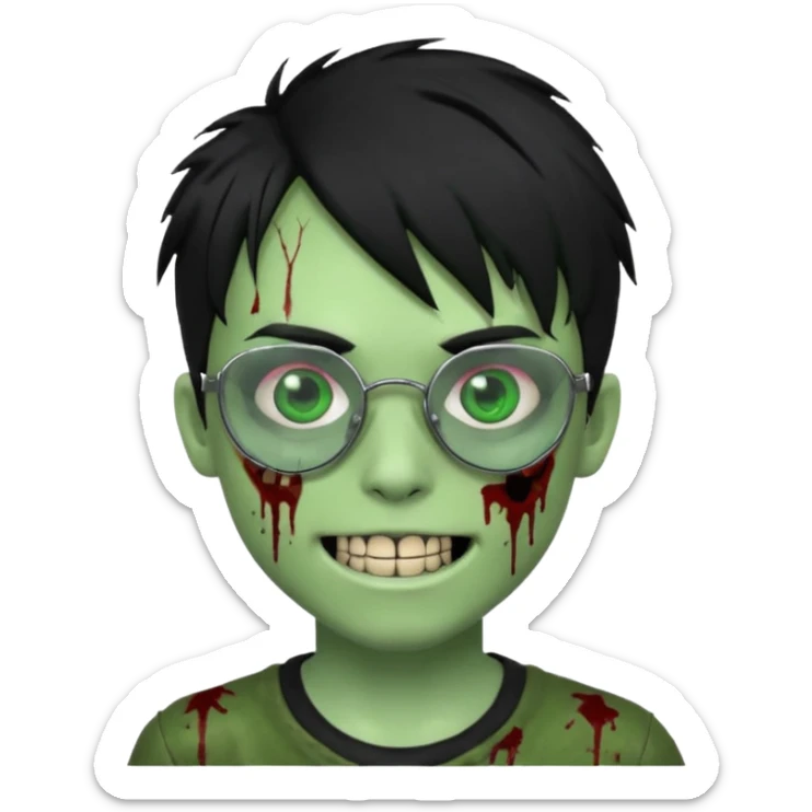 Zombie emo boy, green skin and black hair, chrome heart glasses and a scary smile, scars and blood under eyes sticker