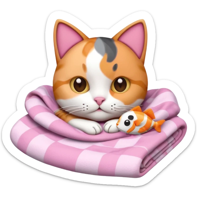 3D iOS-style Apple emoji of a cute calico cat with brown and gray patches, lying in pink blankets, holding a phone with a fishbone icon, cozy and soft scene, cat's face peeking out from the blankets sticker