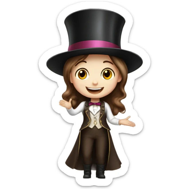 happy white little girl - brown hair- magician- top hat sticker