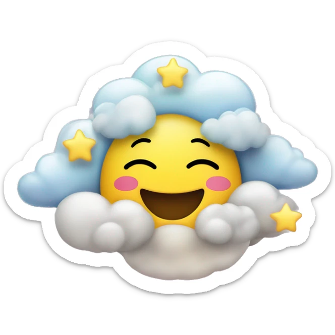 A round emoji of a yellow smiling happy daydreaming emoji face with closed eyes. Add a unicorn, some clouds, some stars and a rainbow to make it dreamy. Make the background transparent. sticker